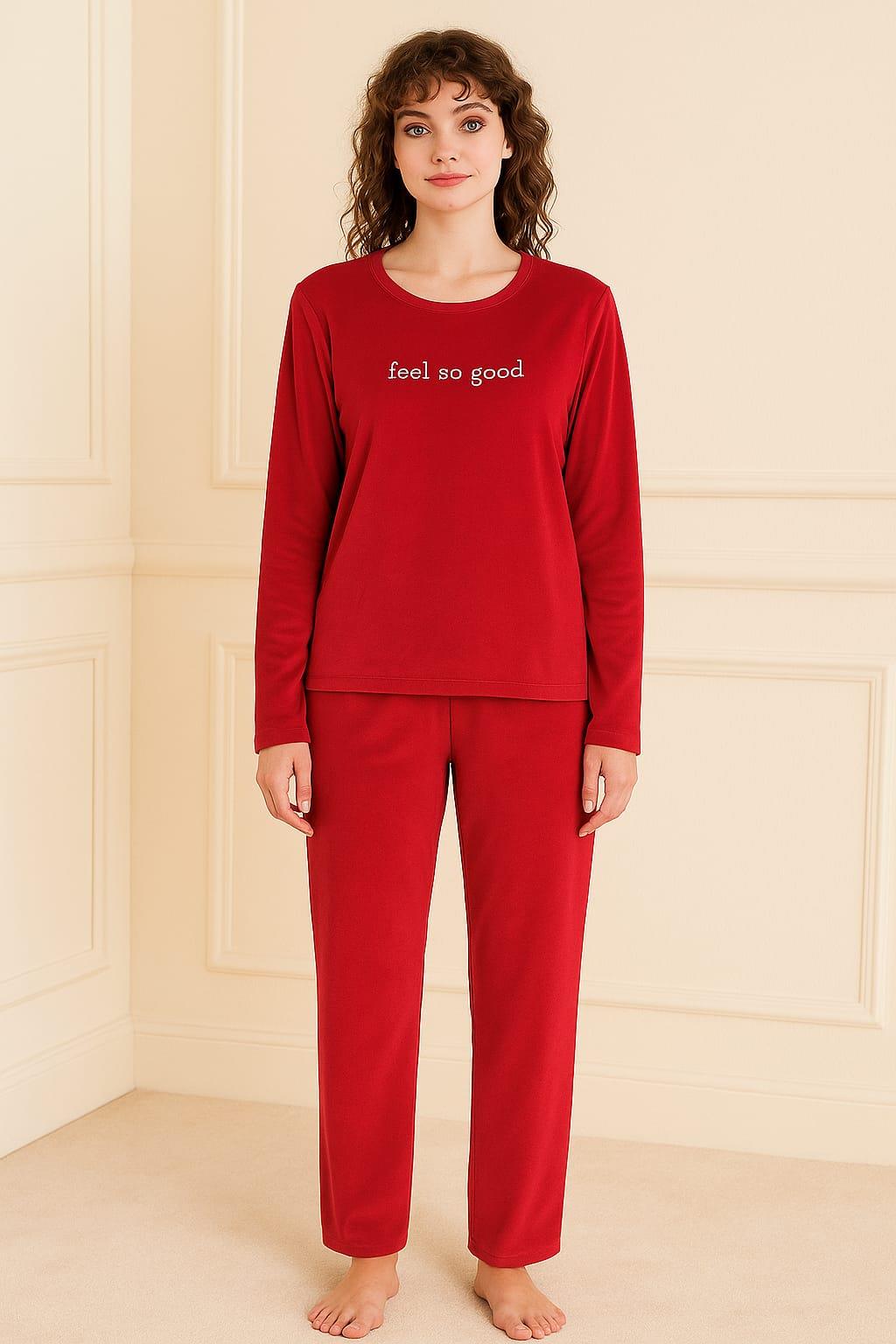 Kadın 13166-2781 Uzun Kol Kadife Pijama Takımı KIRMIZI