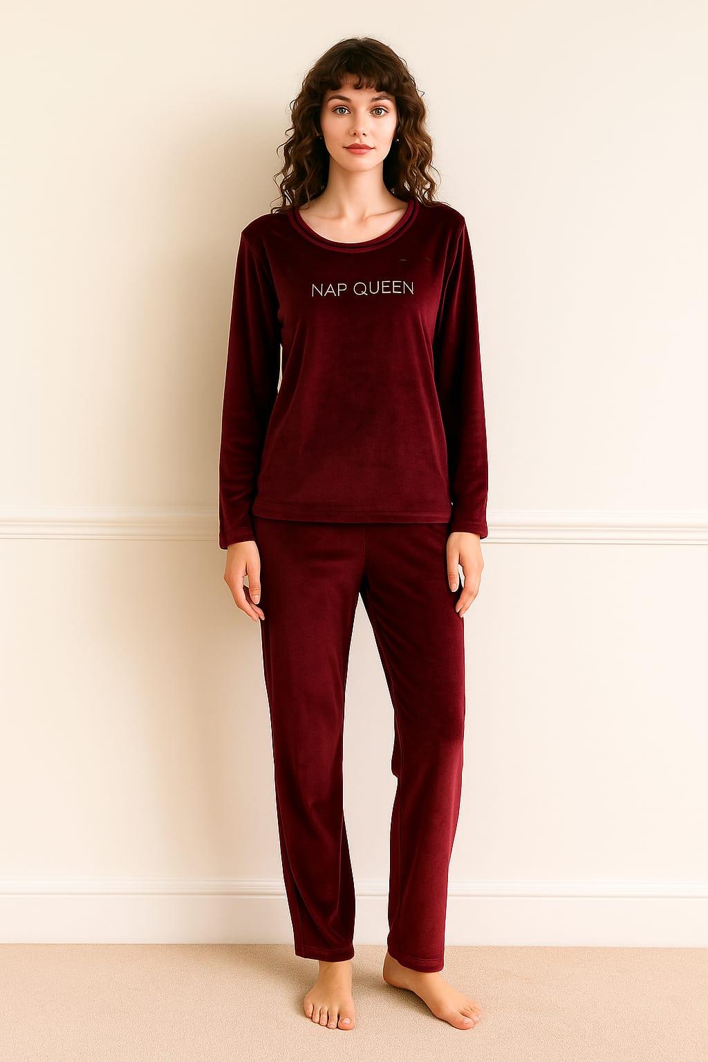 Kadın 13166-2784 Uzun Kol Kadife Pijama Takımı MÜRDÜM