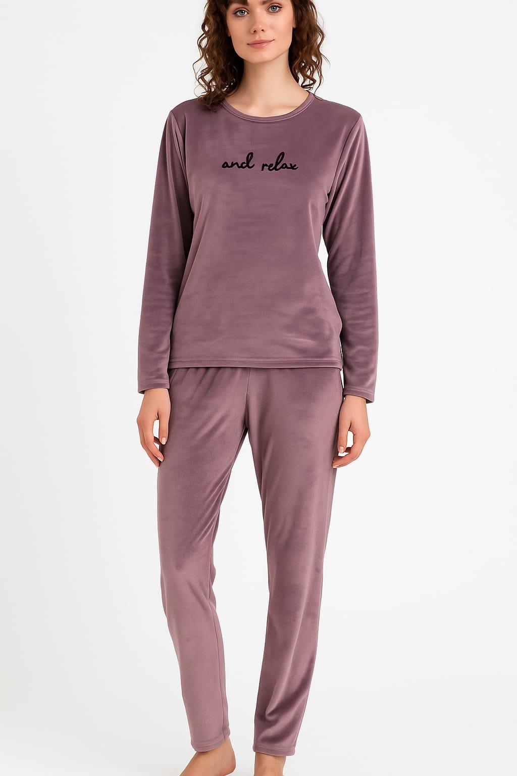 Kadın 13166-652 Uzun Kol Kadife Pijama Takımı LİLA