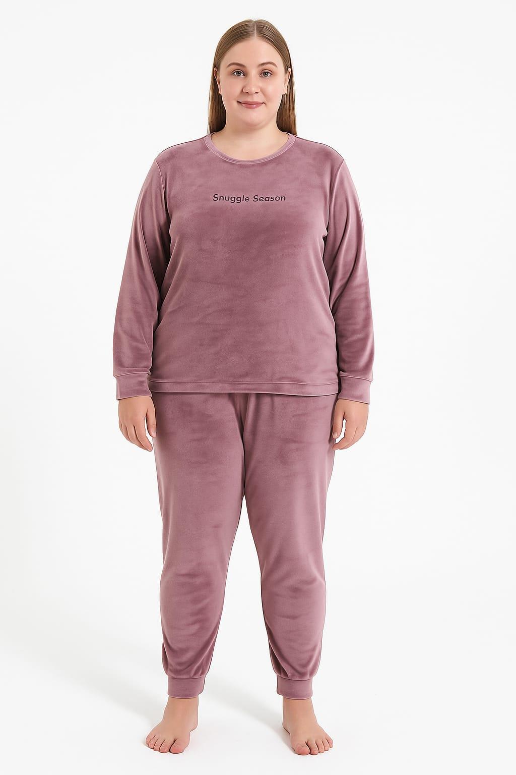 Kadın 13212-2659 Büyük Beden Kadife Pijama Takımı LİLA