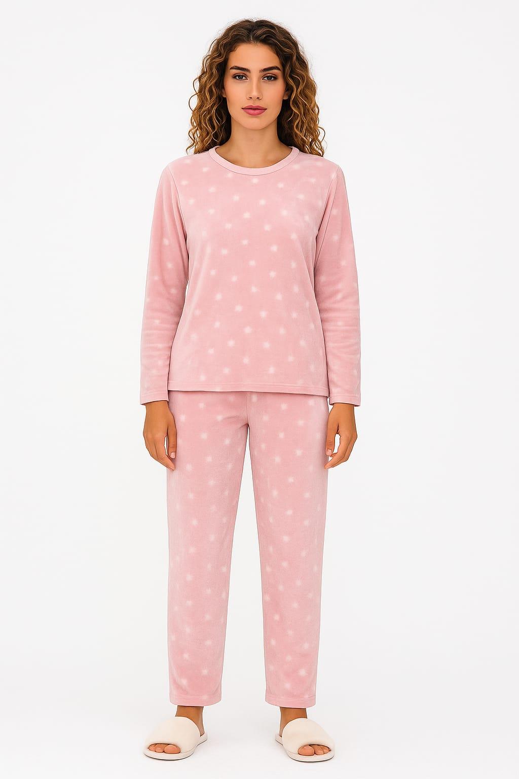 Kadın 13504-1430 Uzun Kol Kadife Pijama Takımı PEMBE