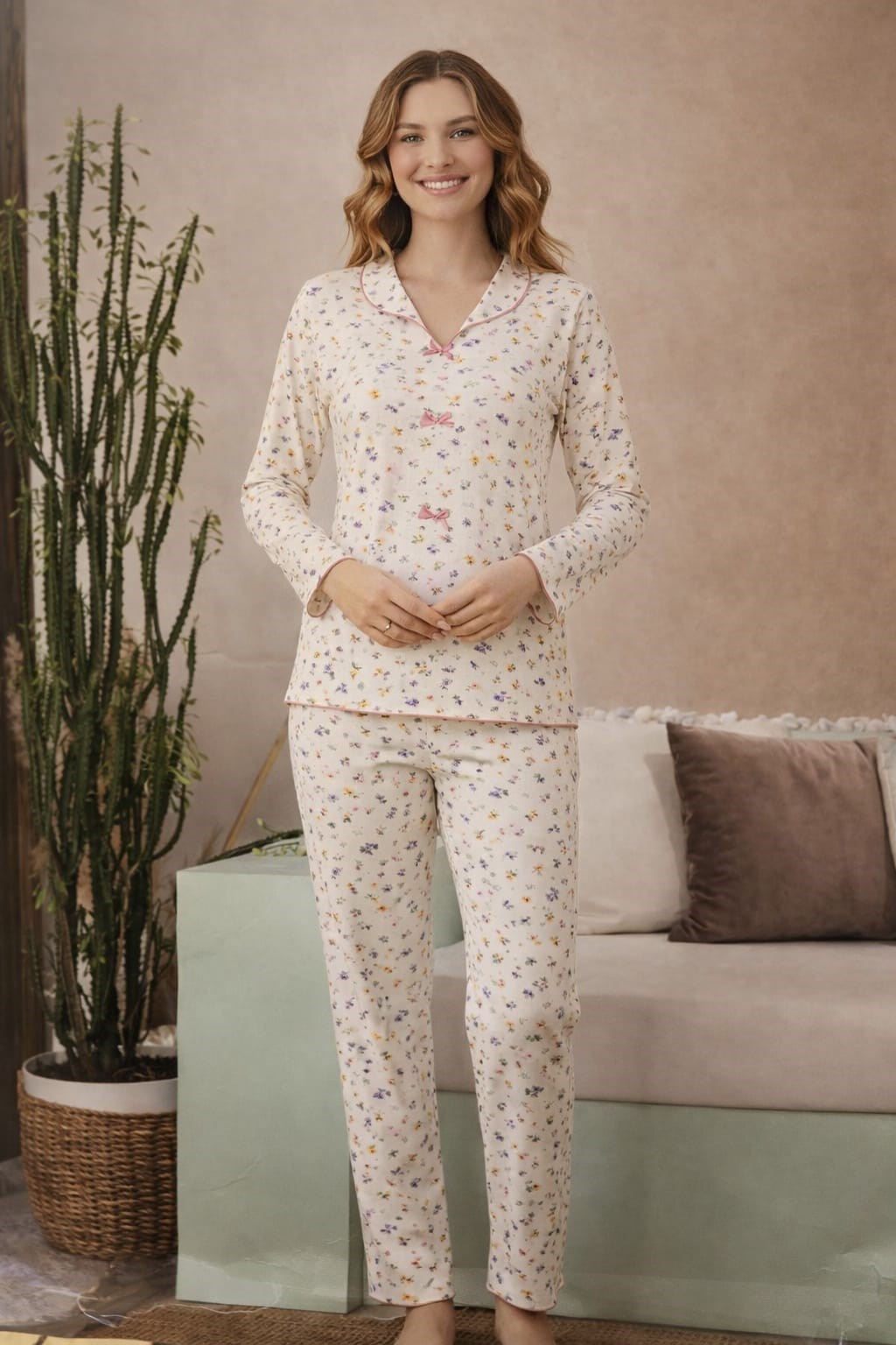 Kadın 15999 Kaşkorse Uzun Kol % 100 Pamuk Pijama Takımı