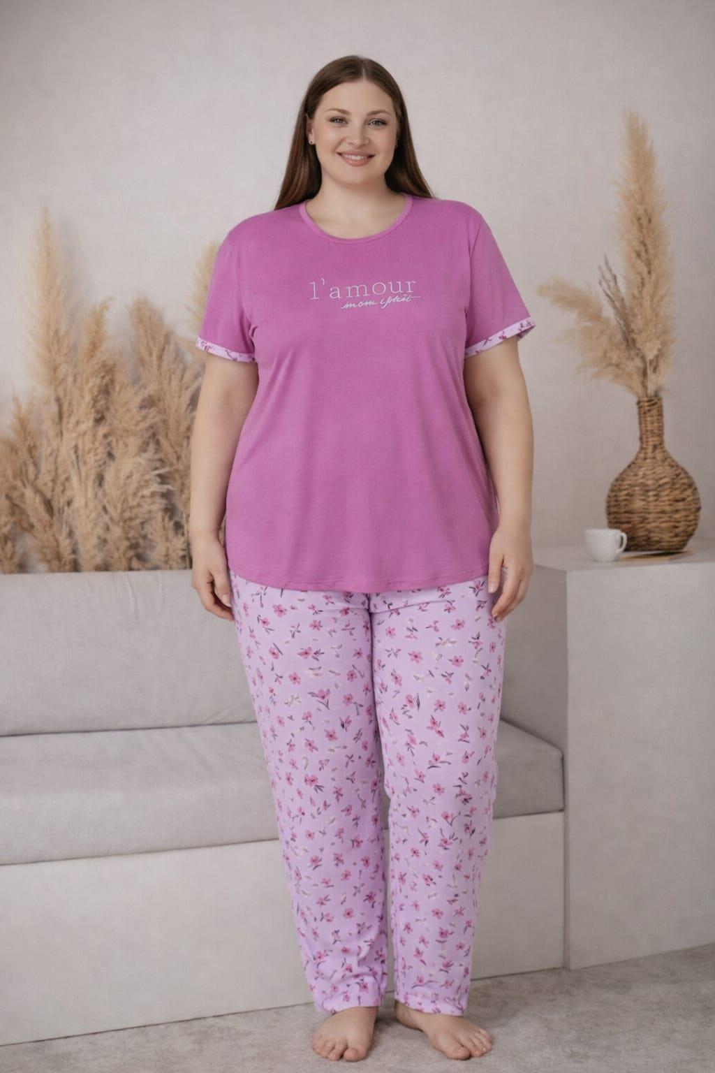 Kadın 2005-2 Kısa Kol Büyük Beden Likralı Pijama Takımı