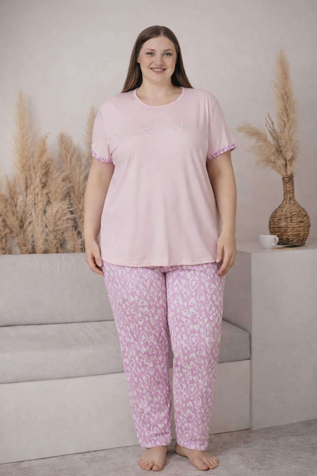 Kadın 2005-8 Büyük Beden Kısa Kol Likralı Pijama Takımı