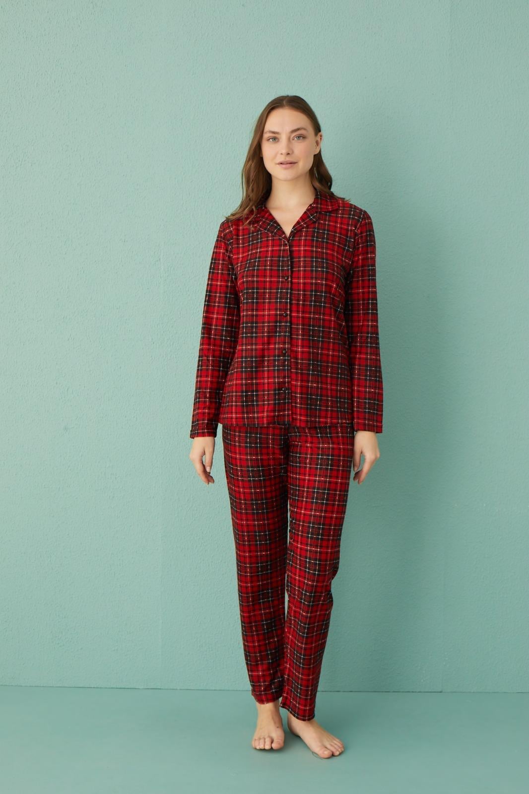 Kadın 20501-321 Uzun Kol Boydan Düğmeli Süet Pijama Takımı KIRMIZI-SİYAH