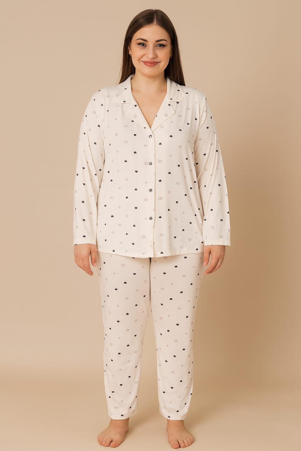 Kadın 20702 Büyük Beden Düğmeli Pijama Takımı EKRU