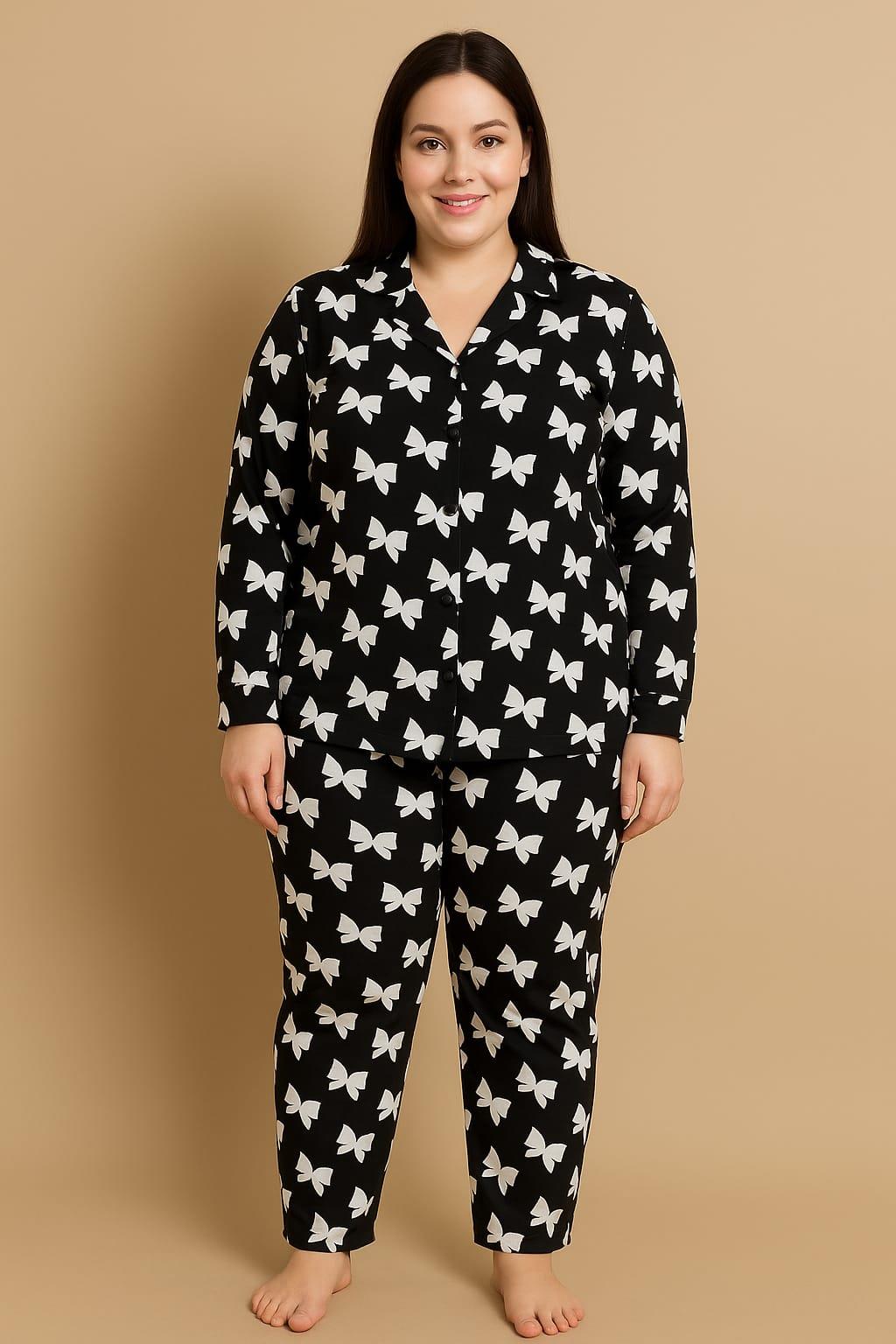 Kadın 20703 Büyük Beden Düğmeli Pijama Takımı SİYAH