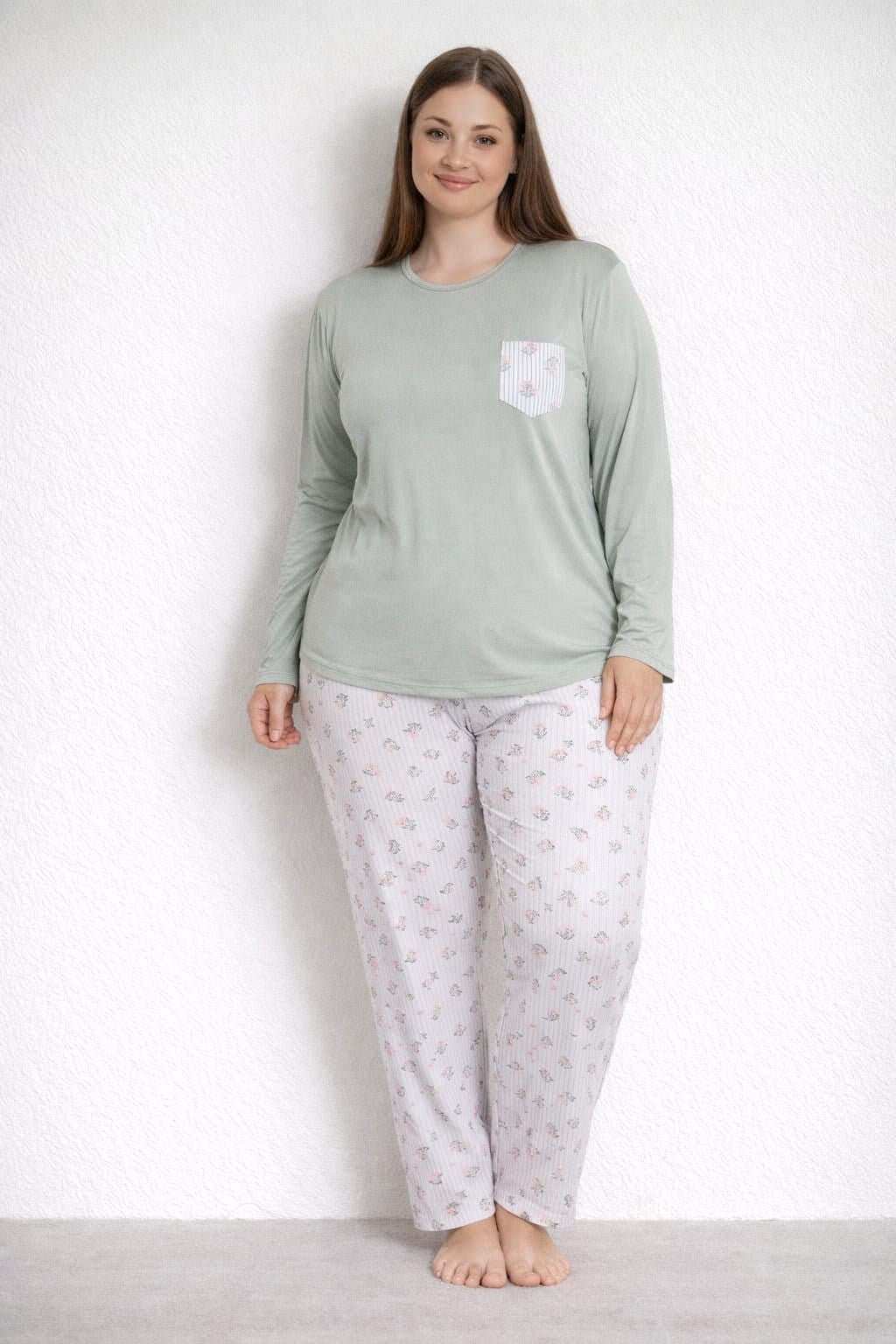 Kadın 20749 Büyük Beden Uzun Kol Milan Pijama Takımı