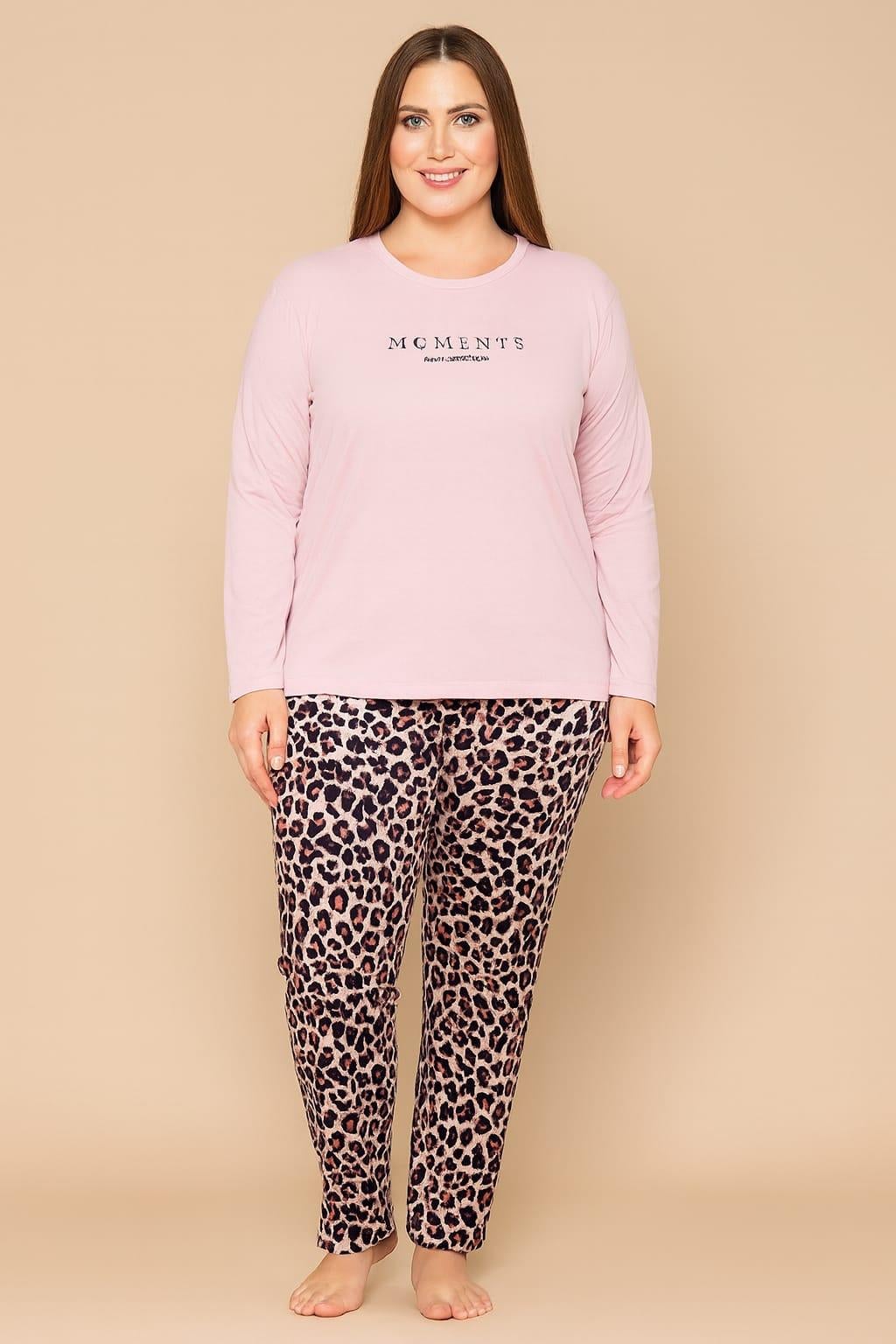 Kadın 20751 Büyük Beden Uzun Kol % 100 Pamuk Milan Pijama Takımı PUDRA