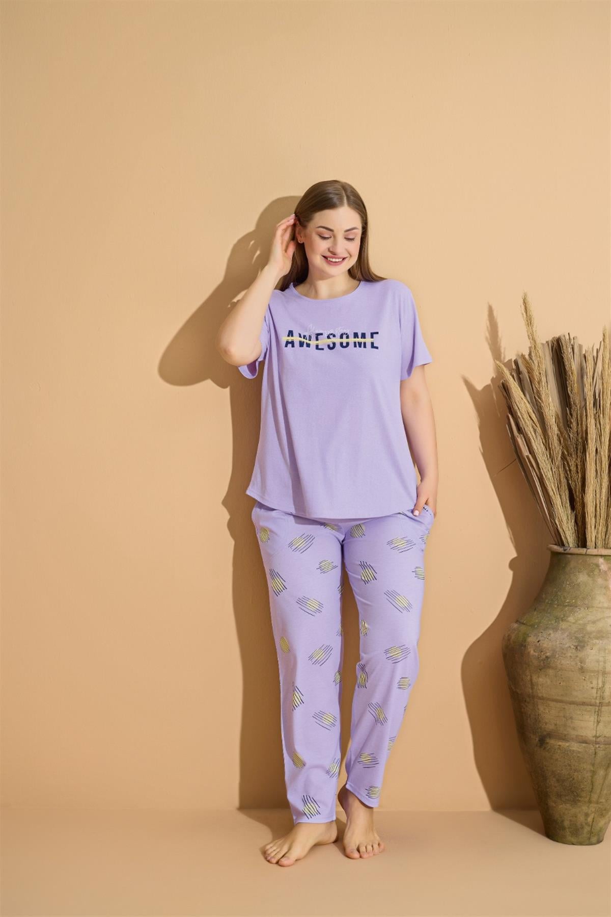 Kadın 2560-10 Kısa Kol Büyük Beden Cepli Pijama Takımı MOR