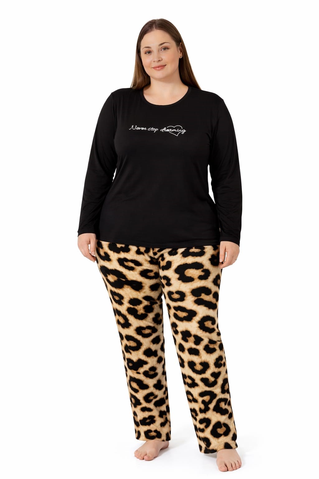 Kadın 7254 Uzun Kol Likralı Büyük Beden Pijama Takımı