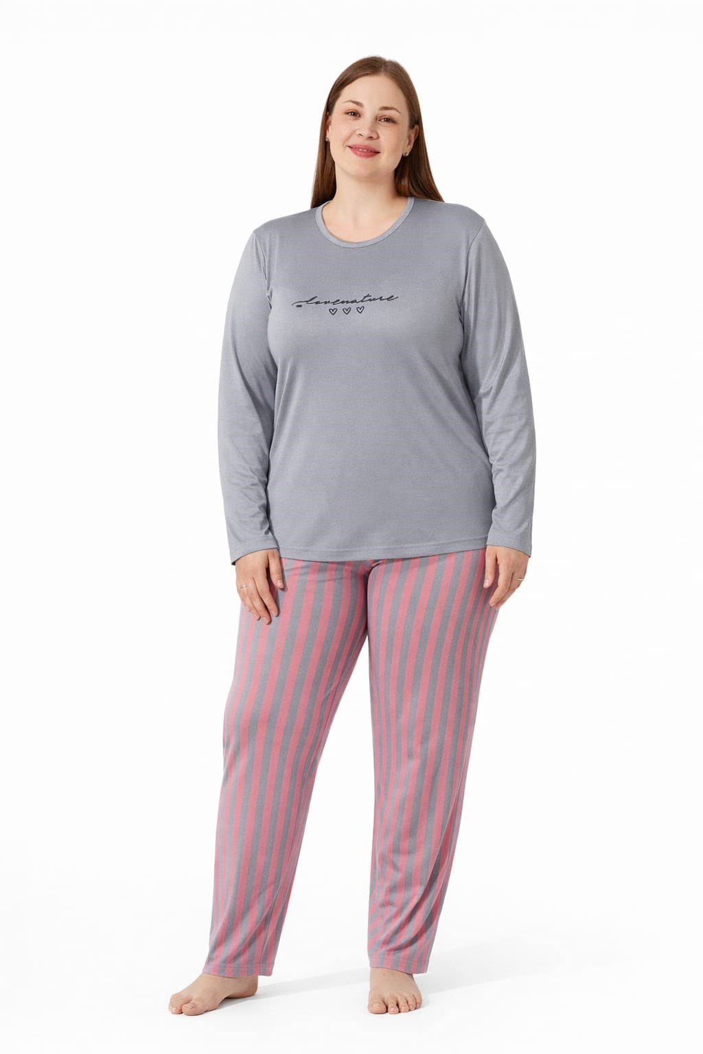 Kadın 7255 Büyük Beden Likralı Uzun Kol Pijama Takımı