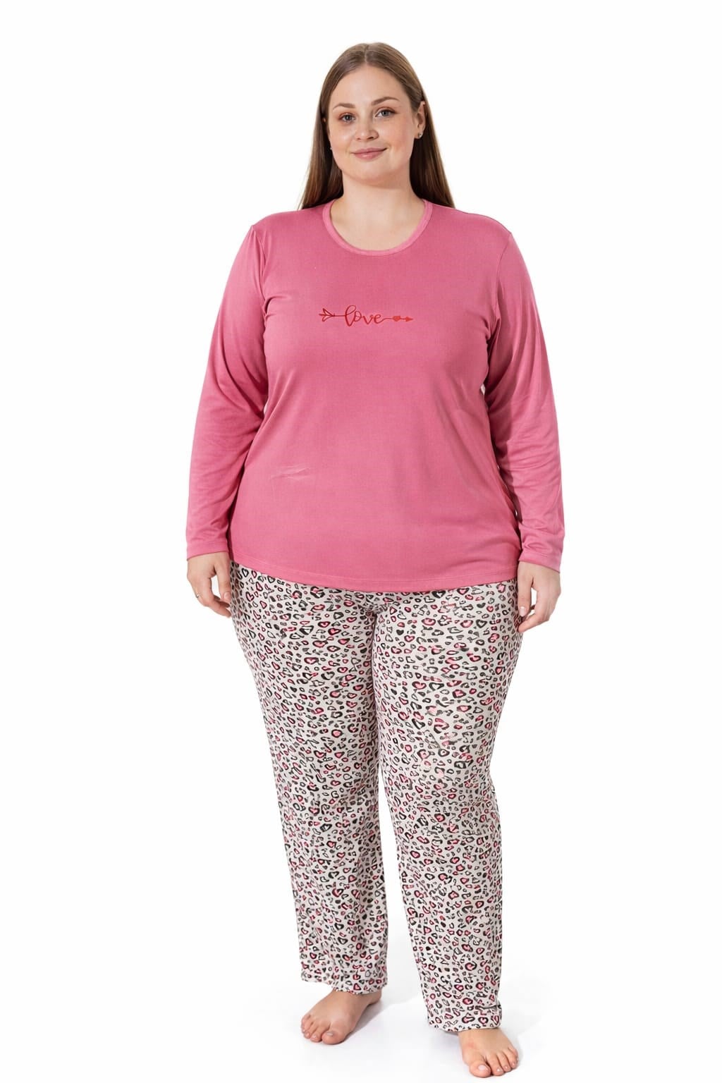 Kadın 7257 Büyük Beden Uzun Kol Likralı Milan Pijama Takımı
