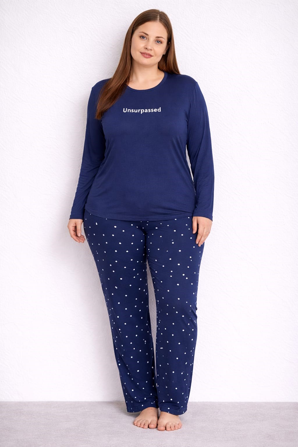 Kadın 7258 Büyük Beden Likralı Uzun Kol Milan Pijama Takımı