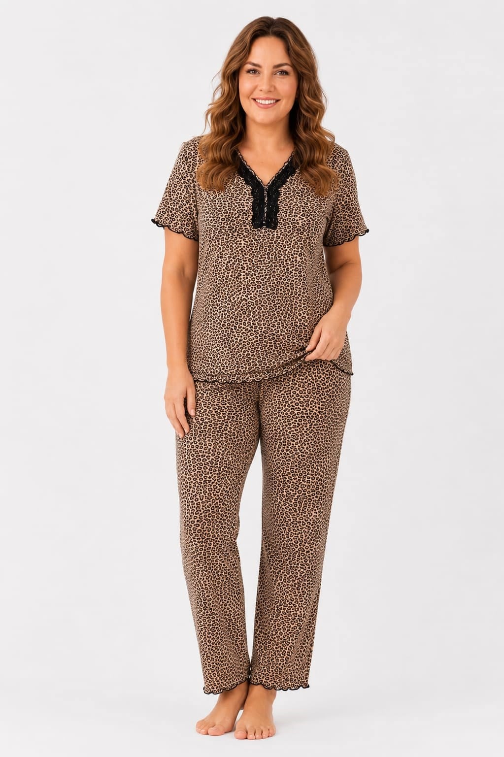 Kadın 7933 Büyük Beden Kısa Kol Bambu Pijama Takımı