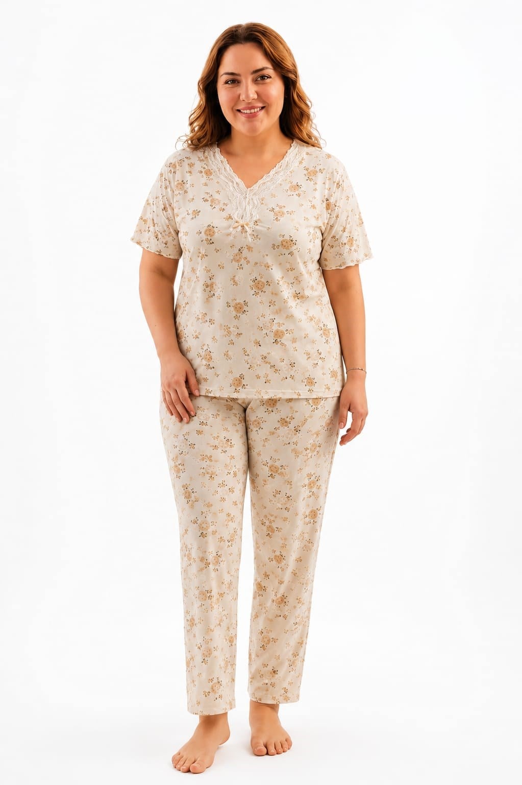 Kadın 7934 Büyük Beden Kısa Kol Bambu Pijama Takımı