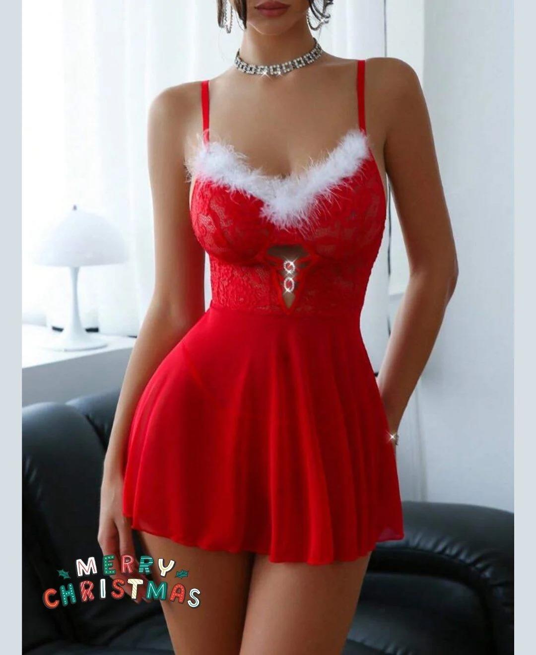Kadın Beyaz Tüylü Yılbaşı Christmas Fantezi Gecelik