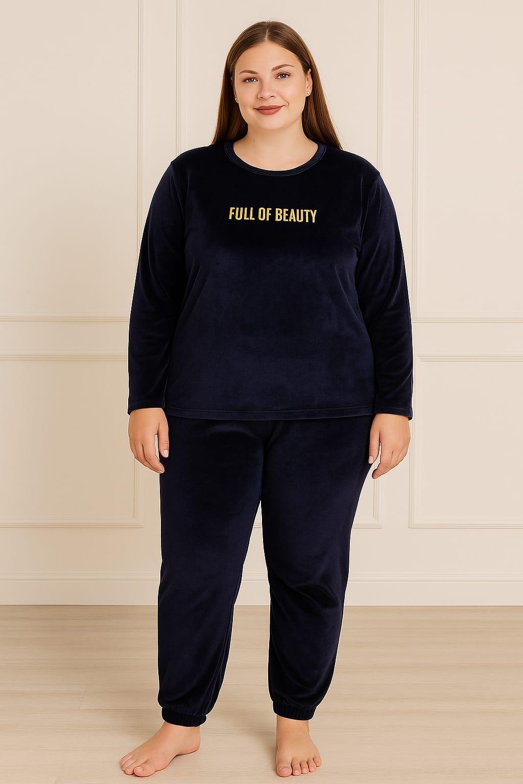 Kadın Büyük Beden 13212 Kadife Pijama Takımı LACİVERT
