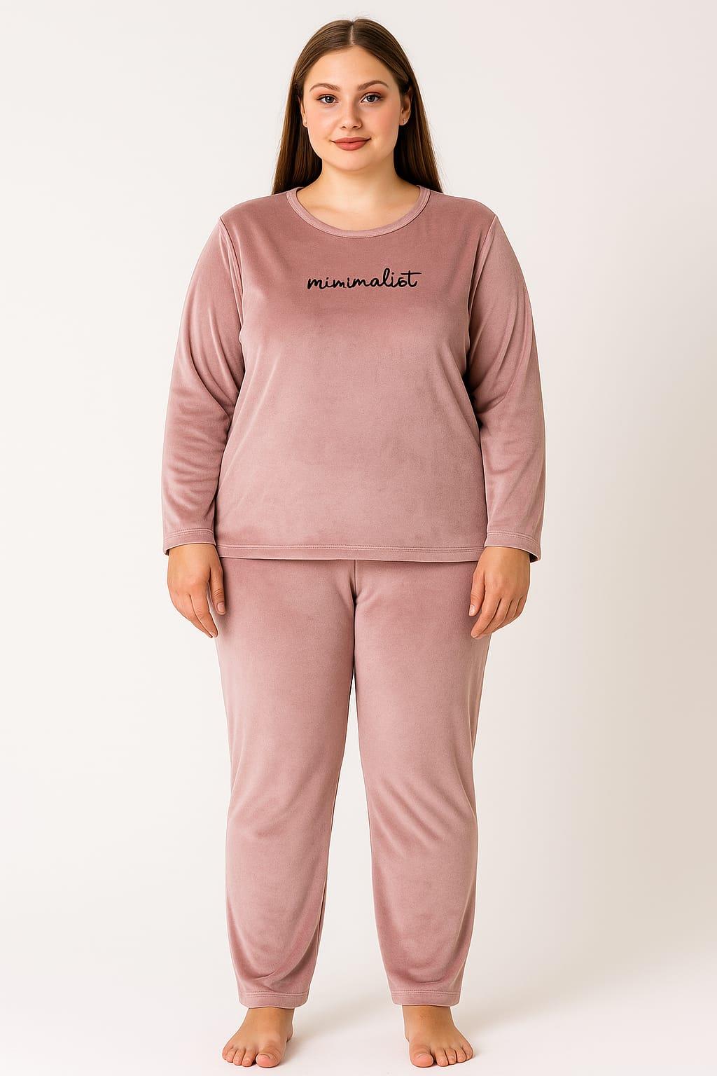 Kadın Büyük Beden 13213 UZun Kol Kadife Pijama Takımı PUDRA
