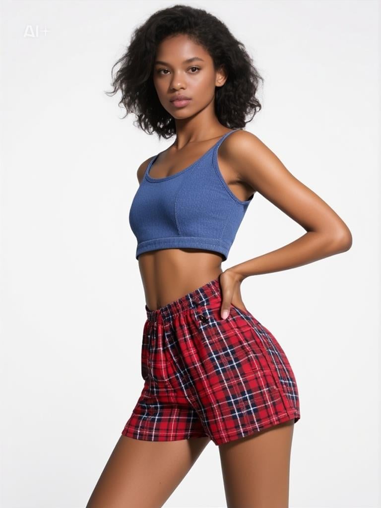 Kadın Ekose Desenli Likralı Şort BORDO