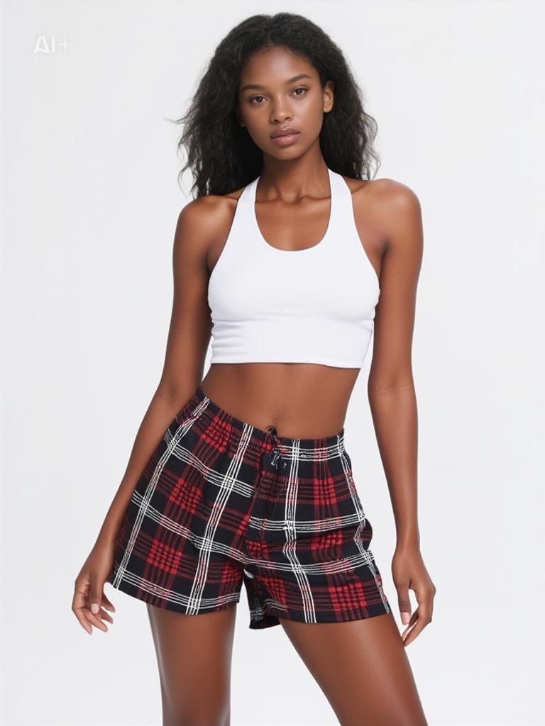 Kadın Ekose Desenli Likralı Şort SİYAH-KIRMIZI