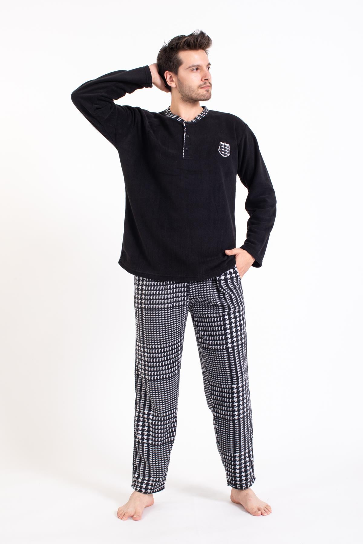Erkek 028 Kaz Ayağı Desenli Polar Pijama Takım