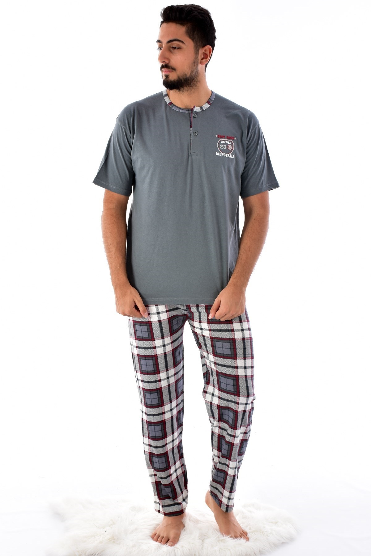 Erkek 2105 Ekose Desenli Kısa Kol  Pijama Takımı FÜME