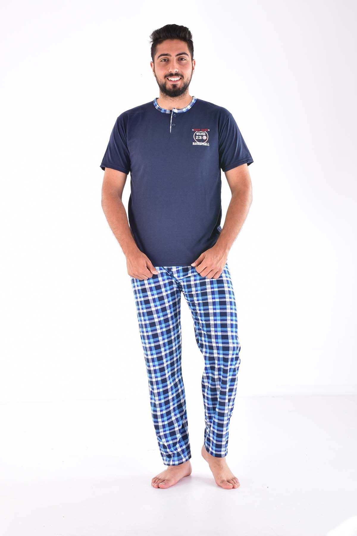 Erkek 2105 Ekose Desenli Kısa Kol  Pijama Takımı LACİVERT