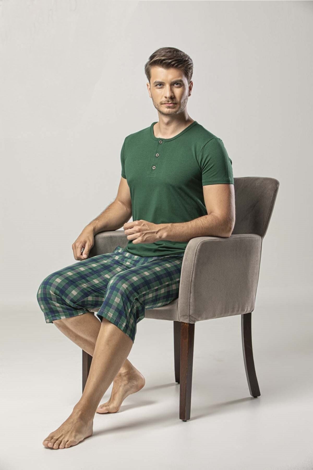 Erkek 5882  Modal Kısa Kol Kapri Pijama Takımı YEŞİL