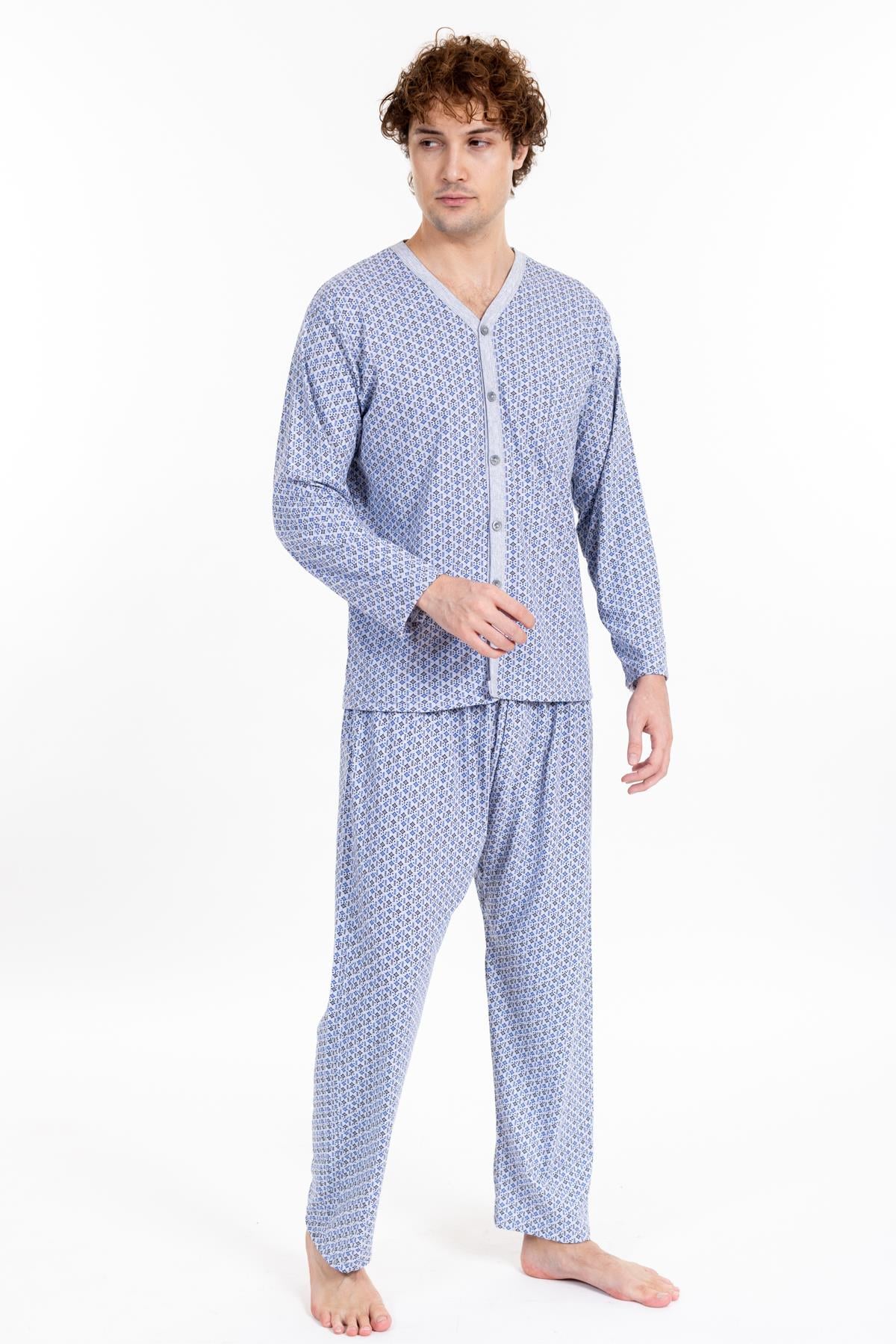 Erkek Boydan Düğmeli Uzun Kol Pijama Takımı