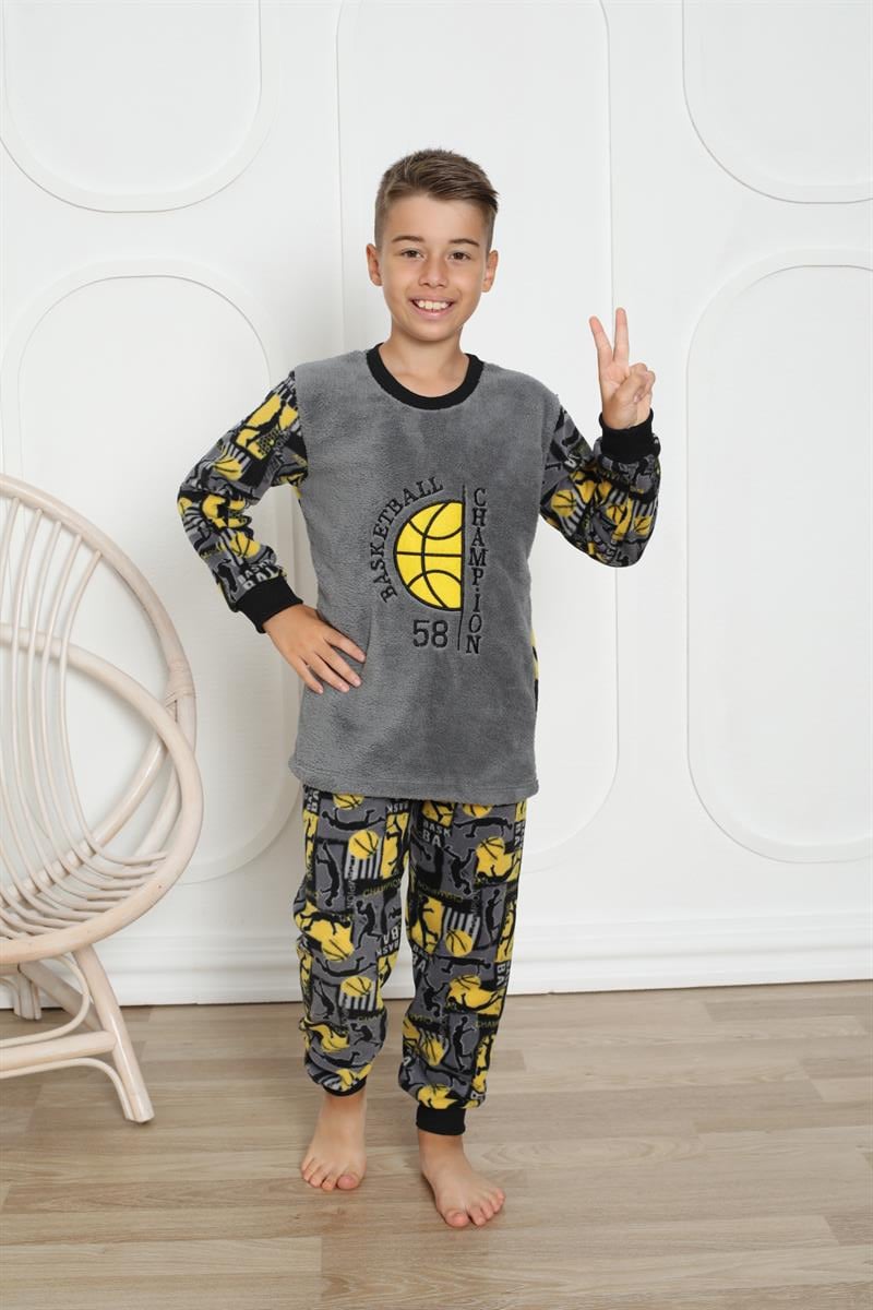 Erkek Çocuk 0241 Desenli Polar Pijama Takımı GRİ