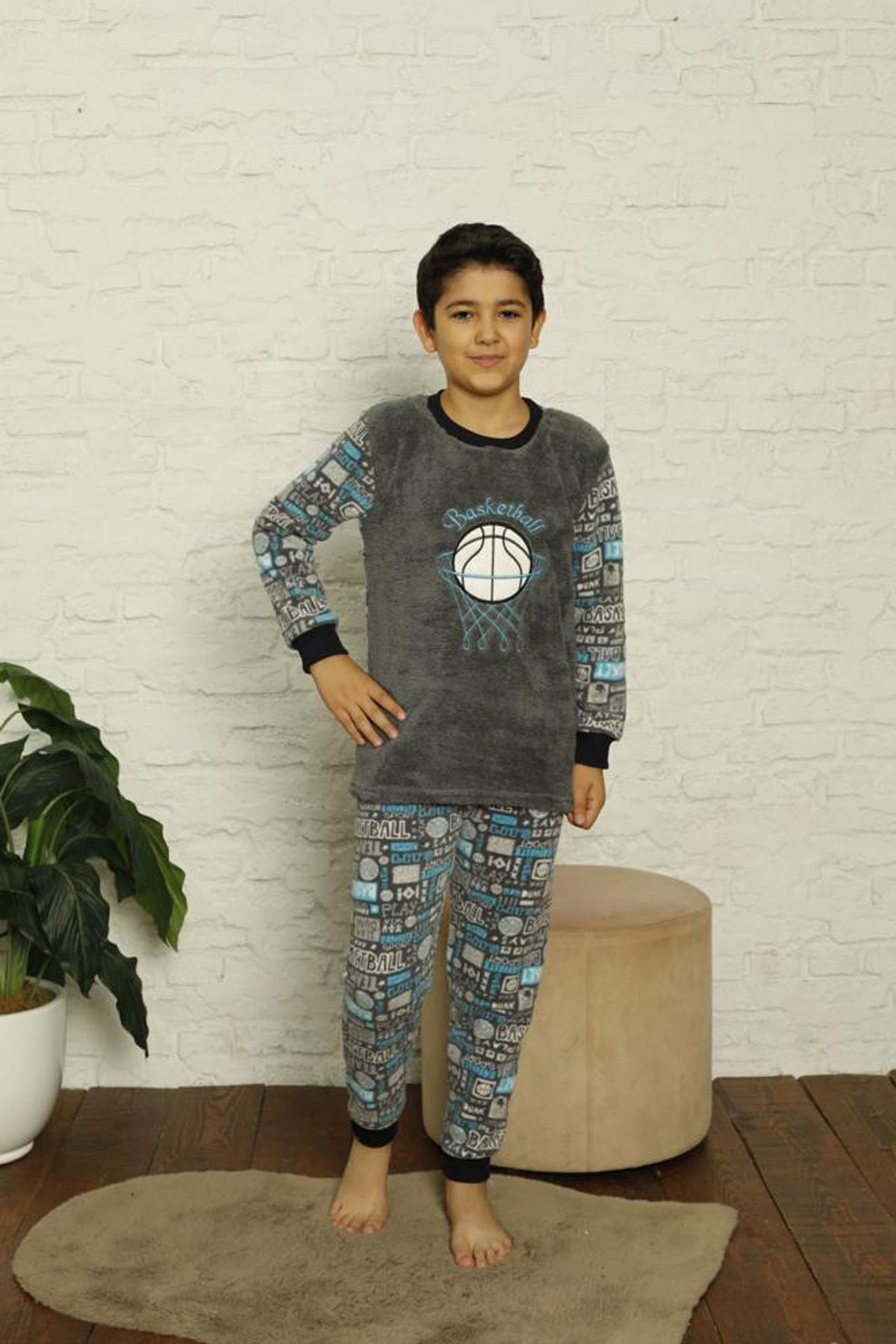 Erkek Çocuk 1027 Desenli Polar Pijama Takımı GRİ