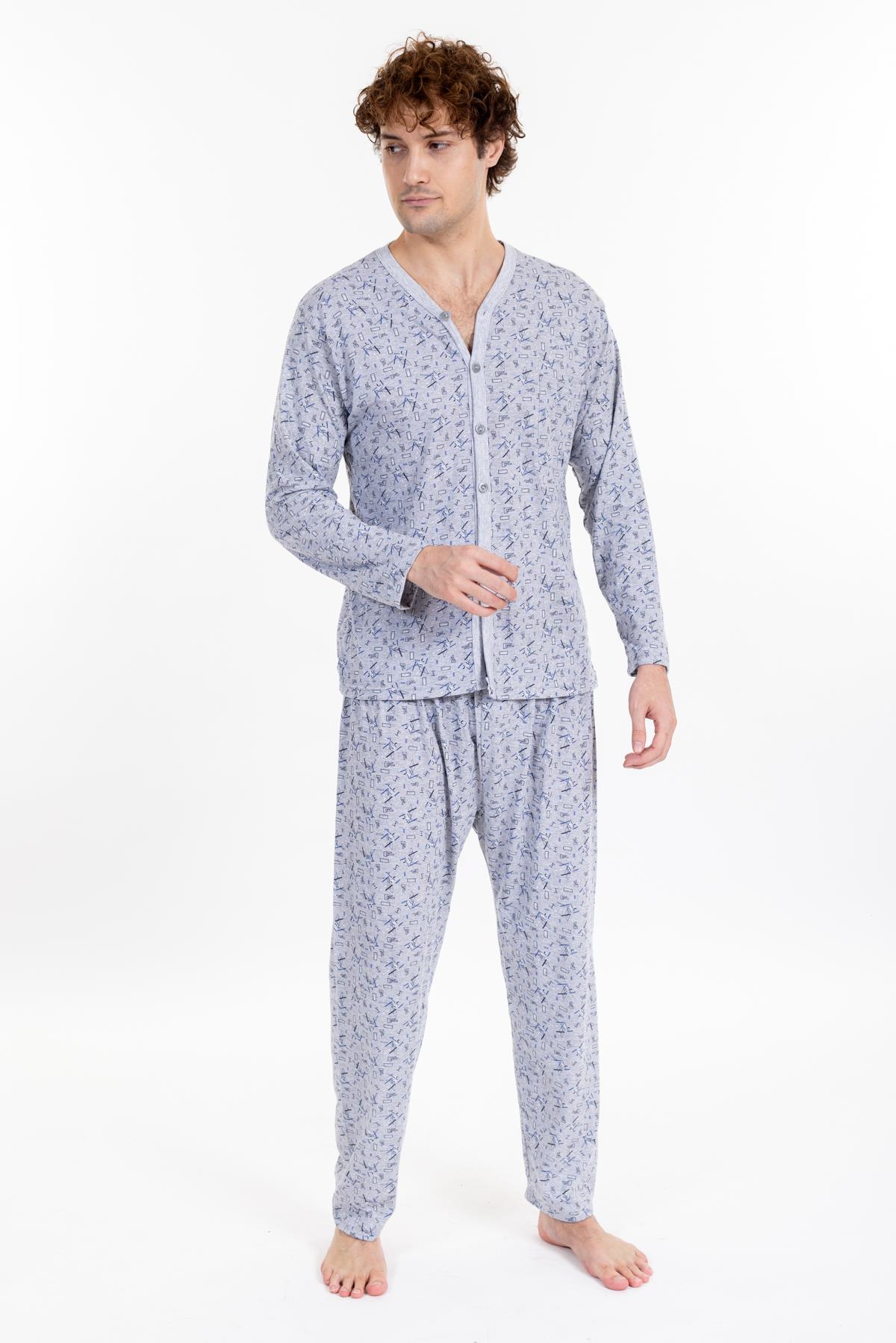 Erkek Uzun Kol Desenli Boydan Düğmeli Pijama Takımı