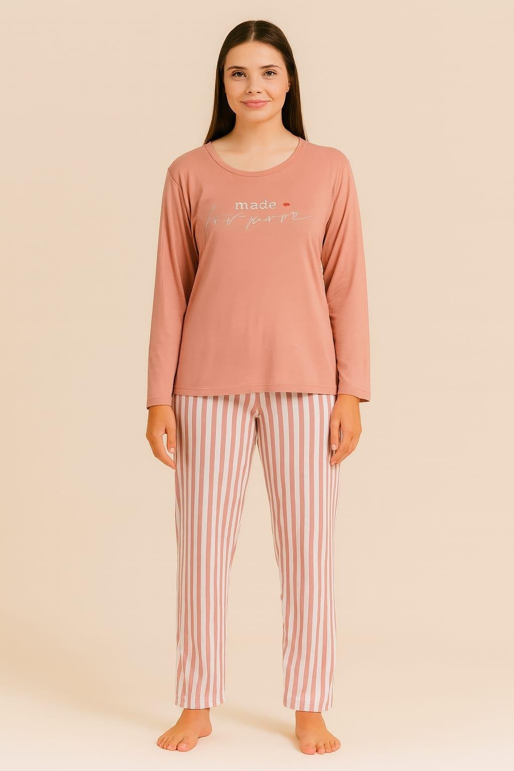 Kaadın 20300 Uzun Kol Milan Pijama Takımı PUDRA