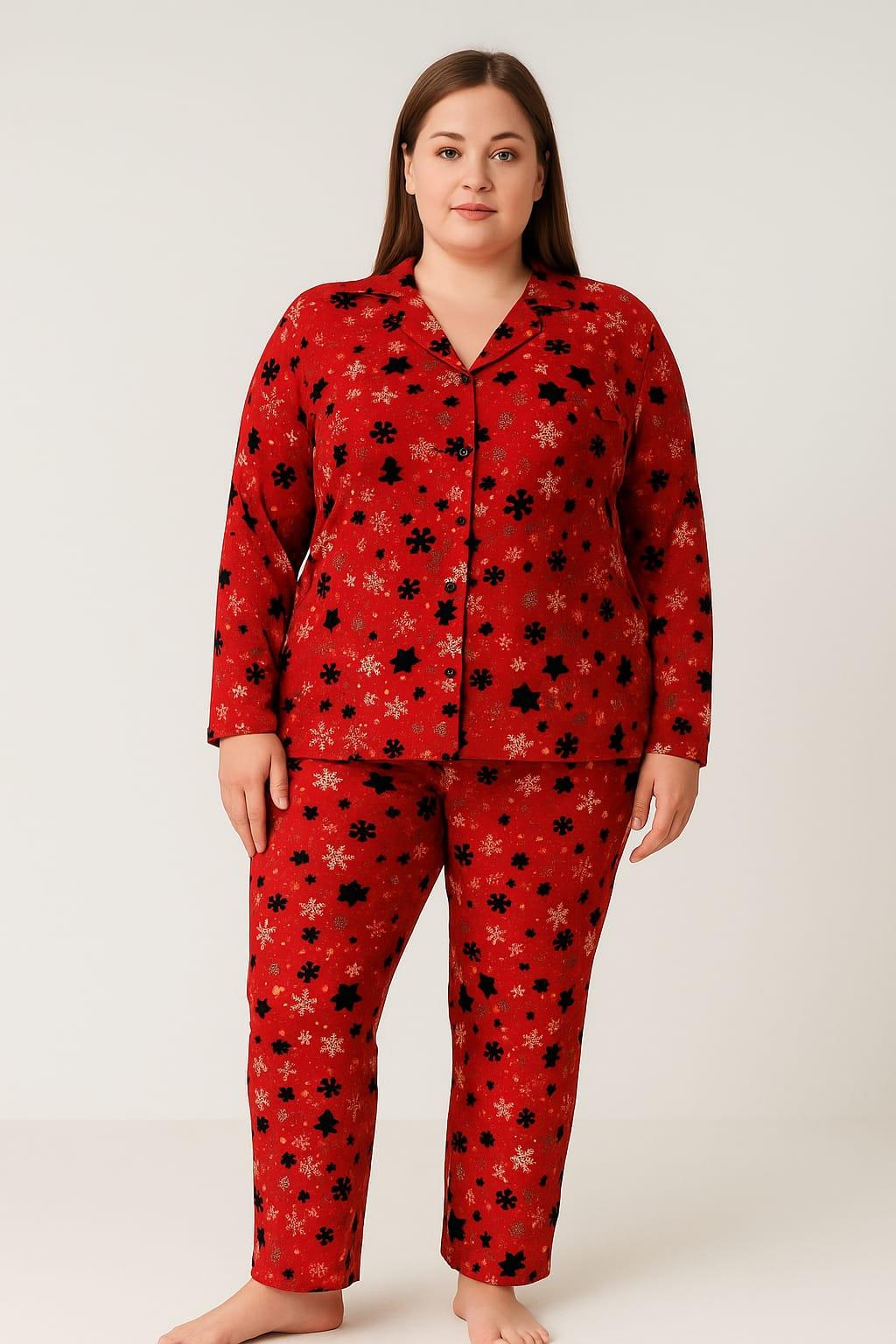 Kadın 02170 Büyük Beden Süet Düğmeli Pijama Takımı KIRMIZI