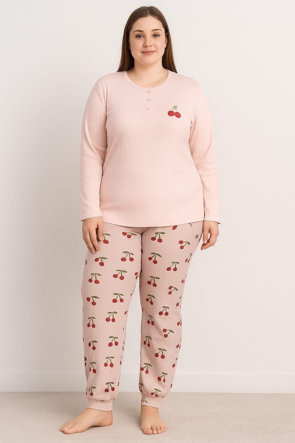Kadın 0268 Büyük Beden Raporlu Pijama Takımı VİZON