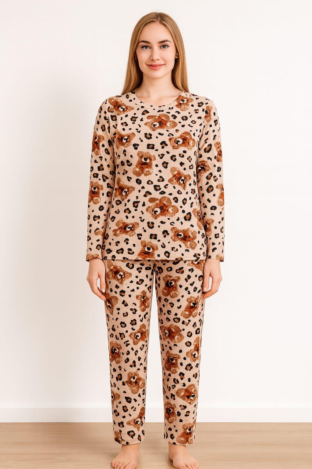 Kadın 0317 Uzun Kol Desenli Süet Pijama Takımı bej