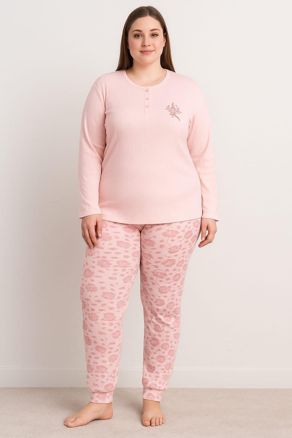 Kadın 0330 Büyük Beden Raporlu Pijama Takımı PEMBE