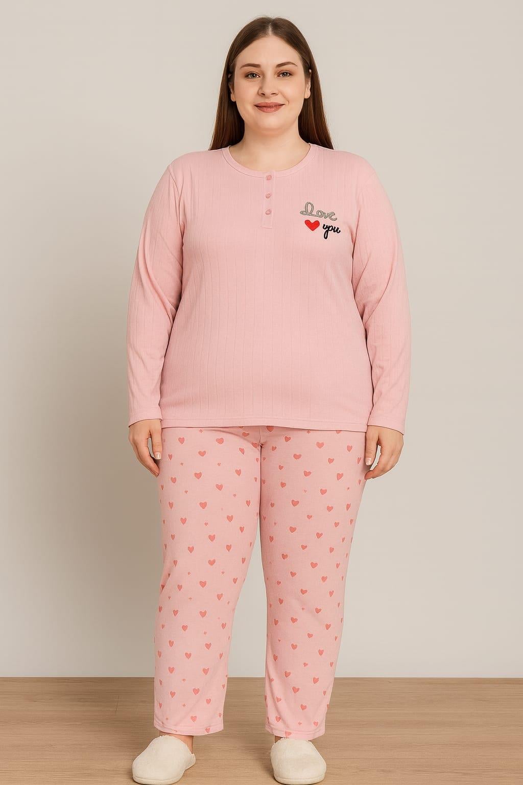 Kadın 0387 Büyük Beden Raporlu Kalın Kışlık Pijama Takımı GÜL KURUSU