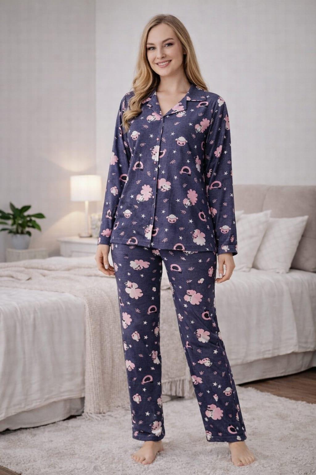 Kadın 0472 Süet Uzun Kol Pijama Takımı