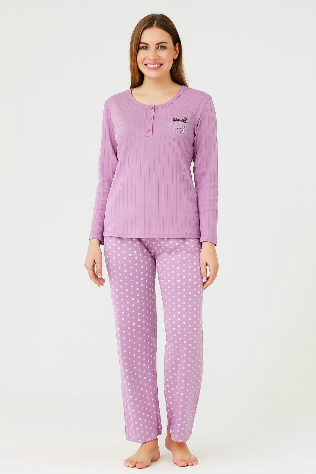 Kadın 05002 Uzun Kol % 100 Pamuk Raporlu İnterlok Pijama Takımı MOR