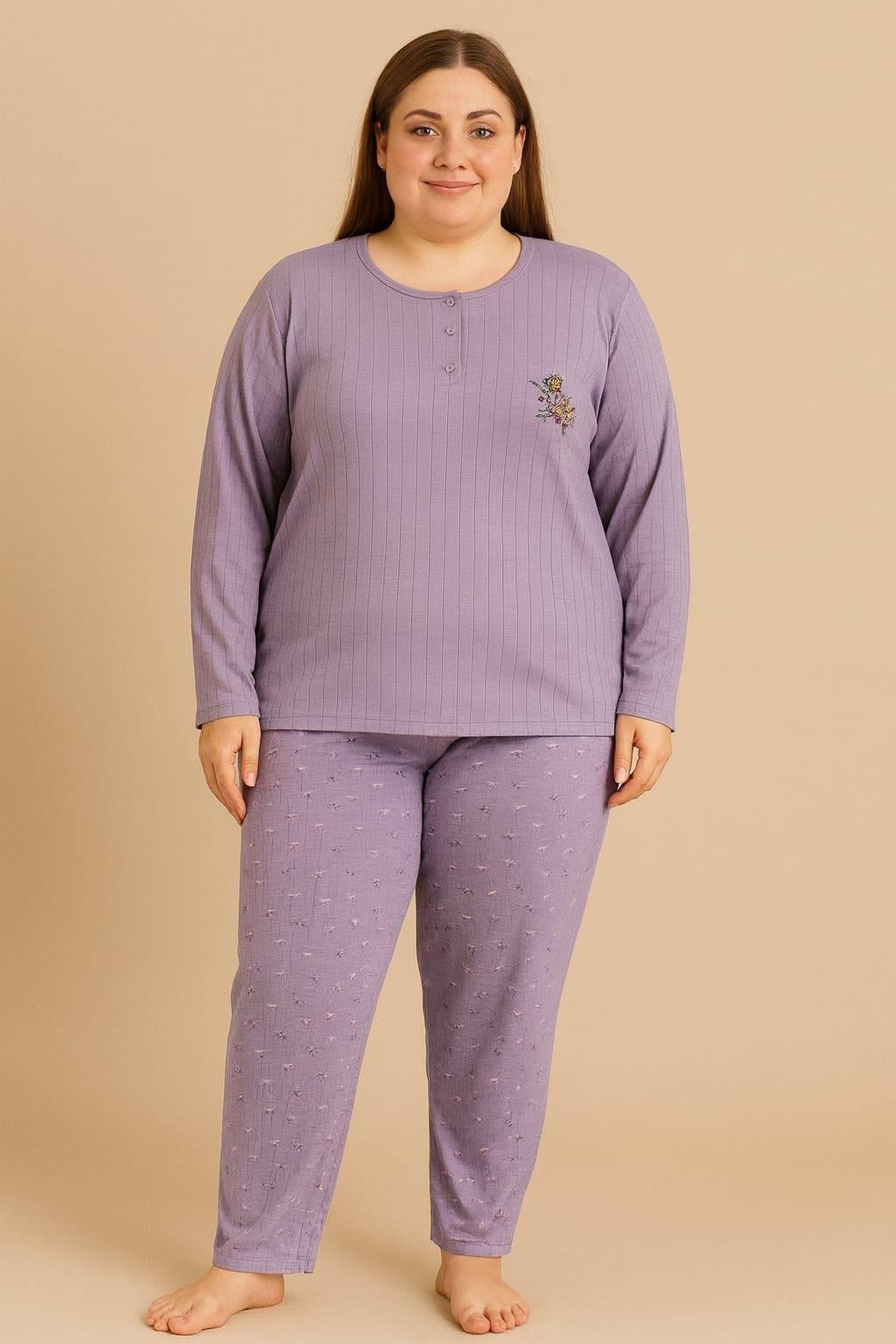 Kadın 05113 Büyük Beden % 100 Pamuk Raporlu İnterlok Pijama Takımı MOR