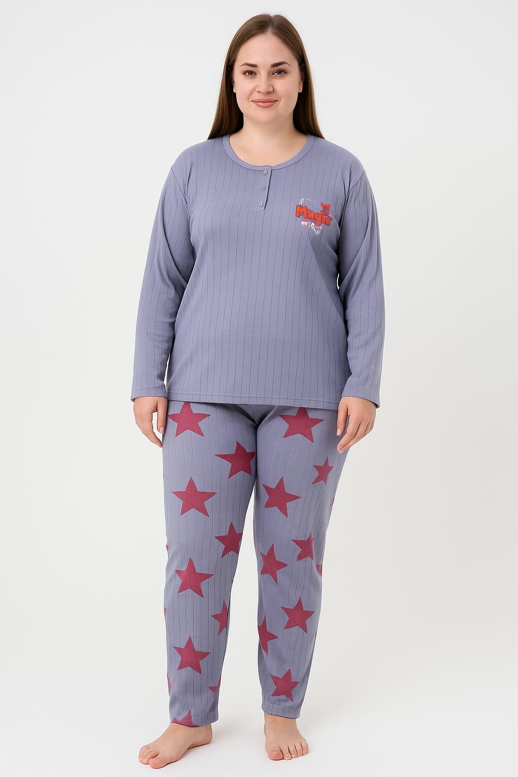 Kadın 05117 Büyük Beden % 100 Pamuk Raporlu Pijama Takımı İNDİGO