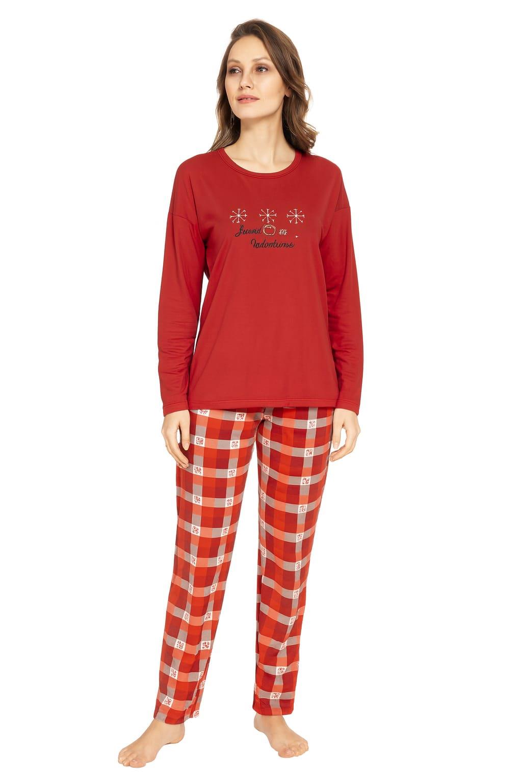 Kadın 08014 % 100 Pamuk Uzun Kol Pijama Takımı KIRMIZI