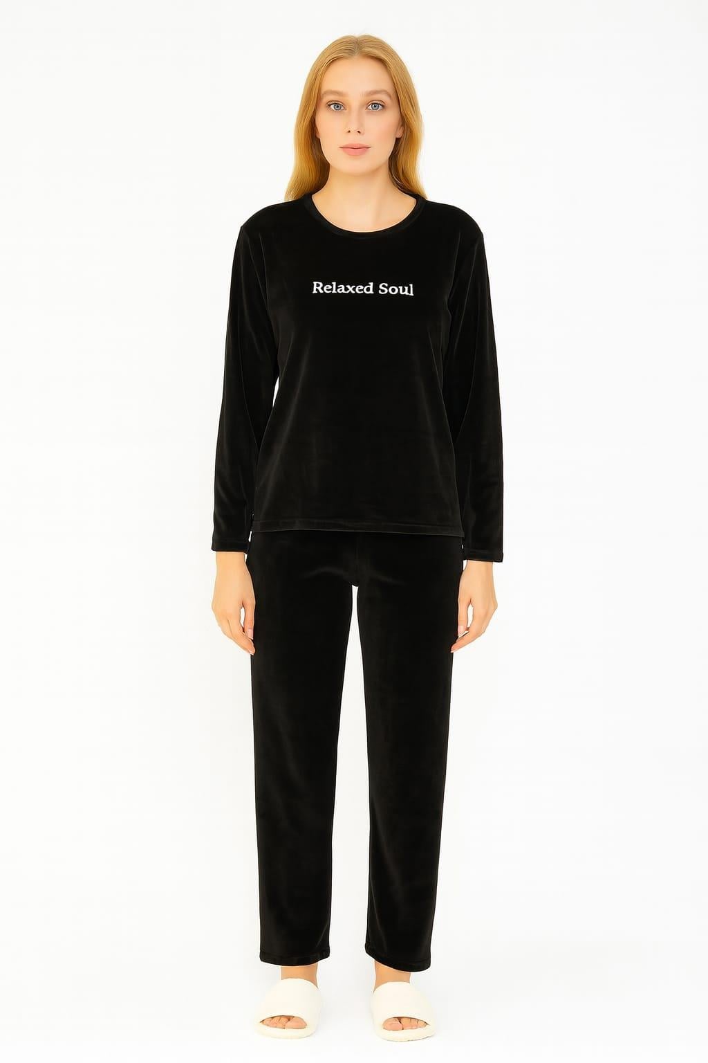 Kadın 13164 Paça Lastikli Kadife Pijama Takımı SİYAH