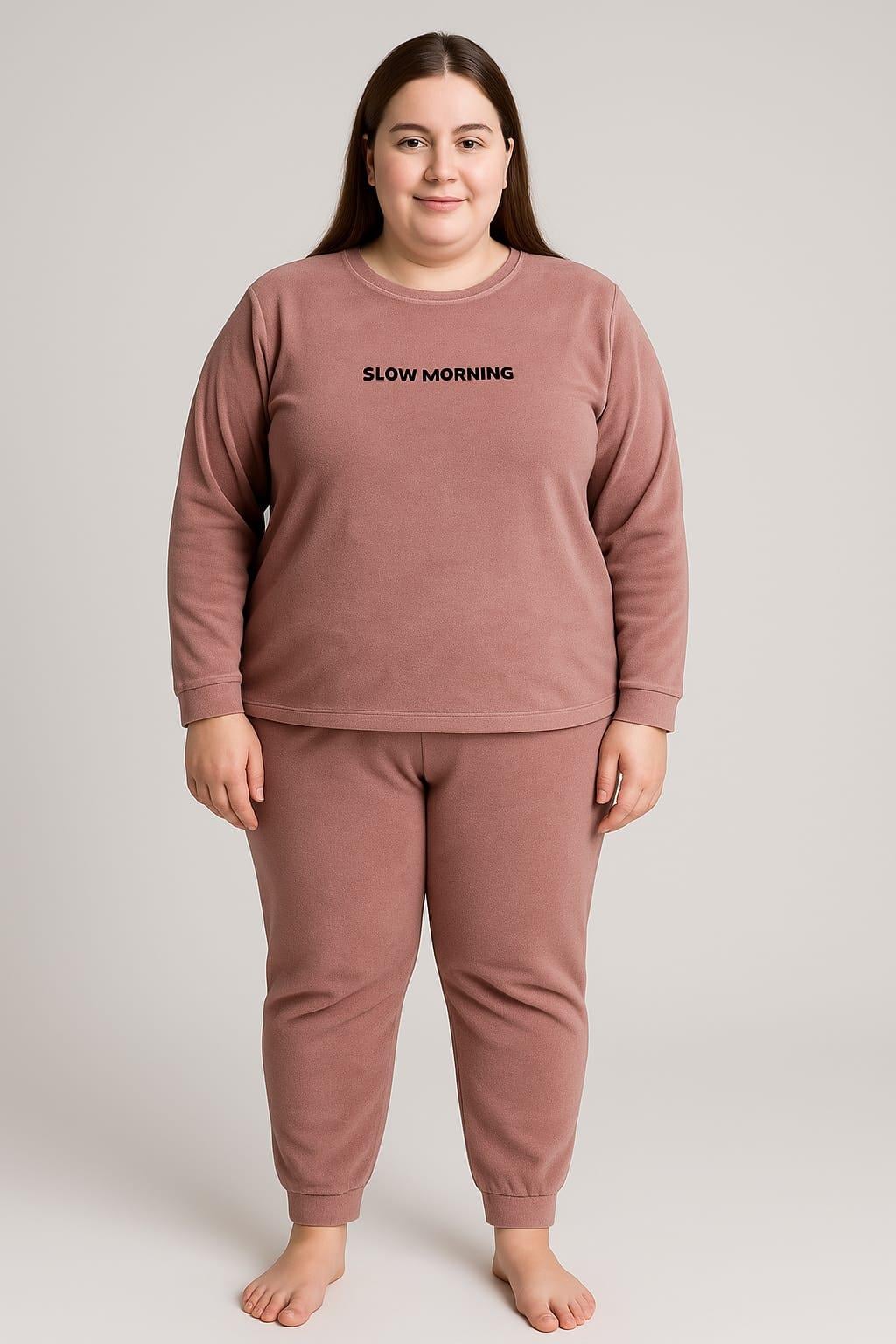 Kadın 13212 Büyük Beden Kadife Pijama Takımı PUDRA