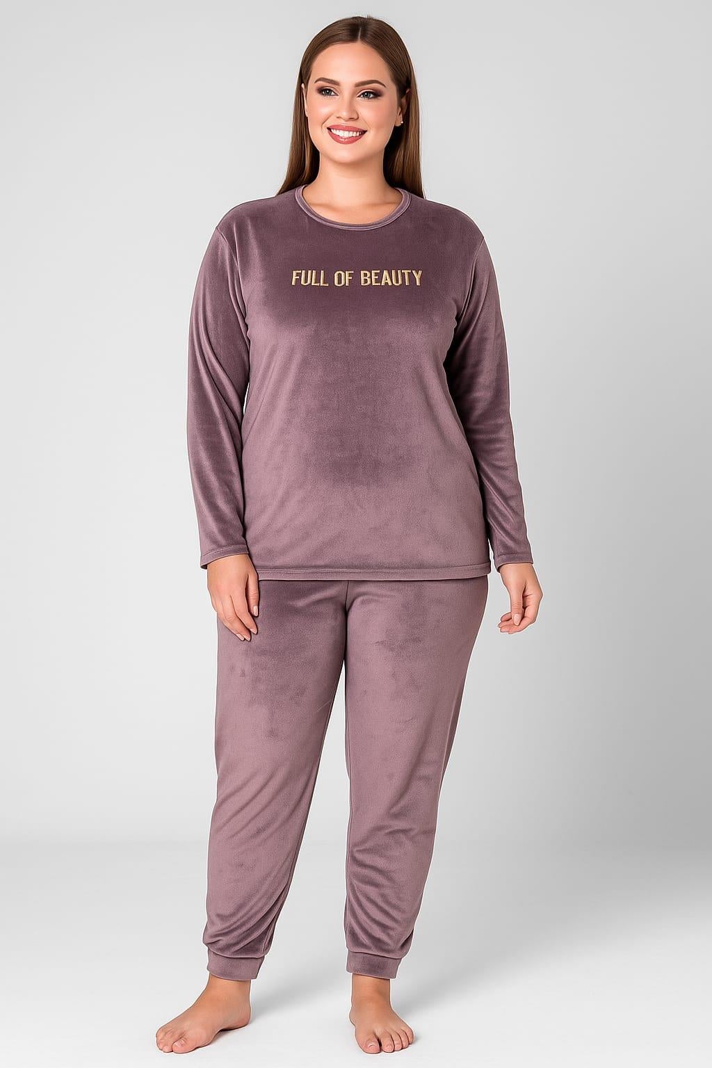 Kadın 13212 Büyük Beden Kadife Pijama Takımı LİLA