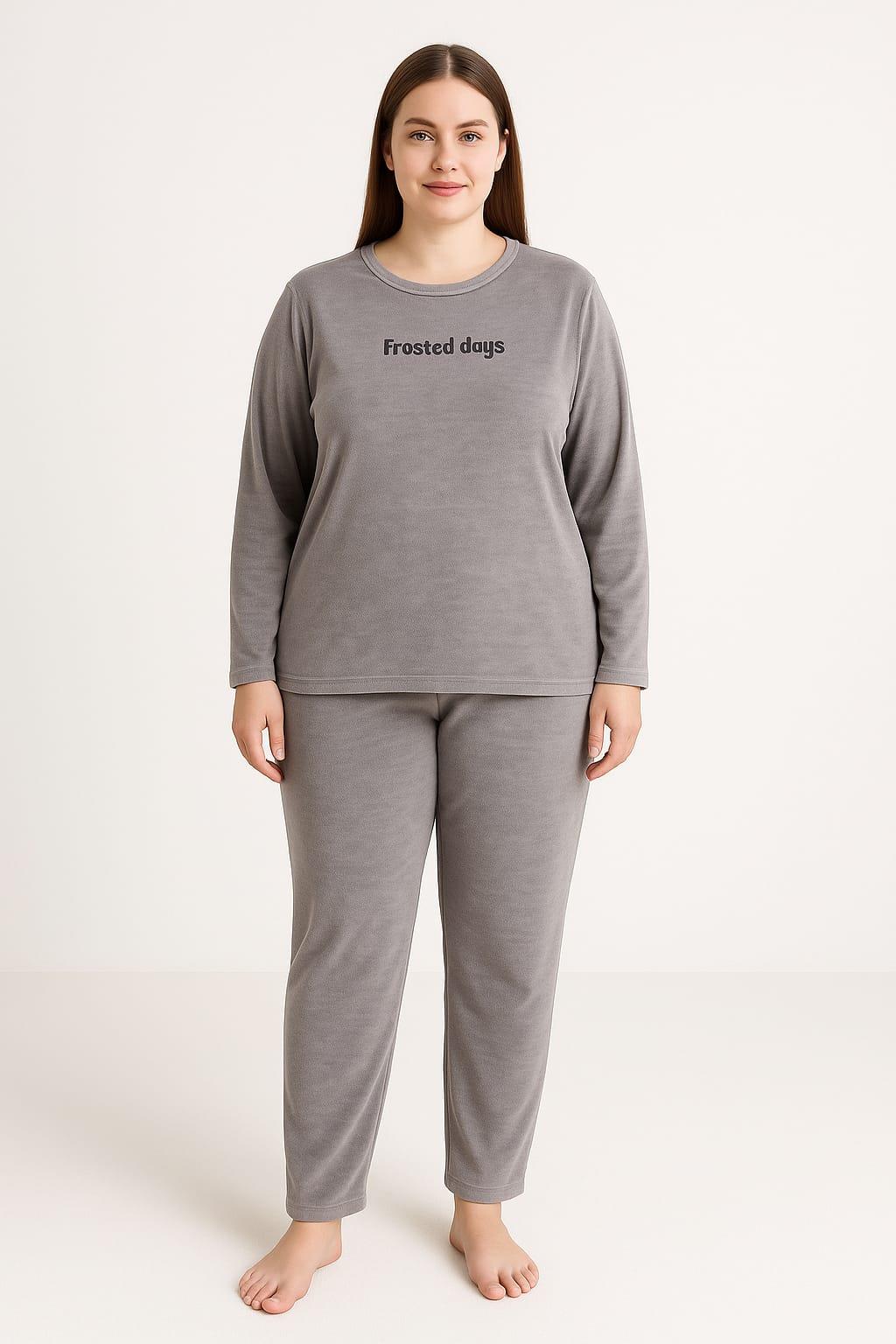 Kadın 13213-2653 Büyük Beden Kadife Pijama Takımı GRİ