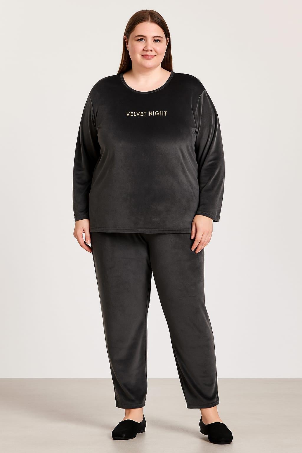 Kadın 13213 Büyük Beden Kadife Pijama Takımı YEŞİL