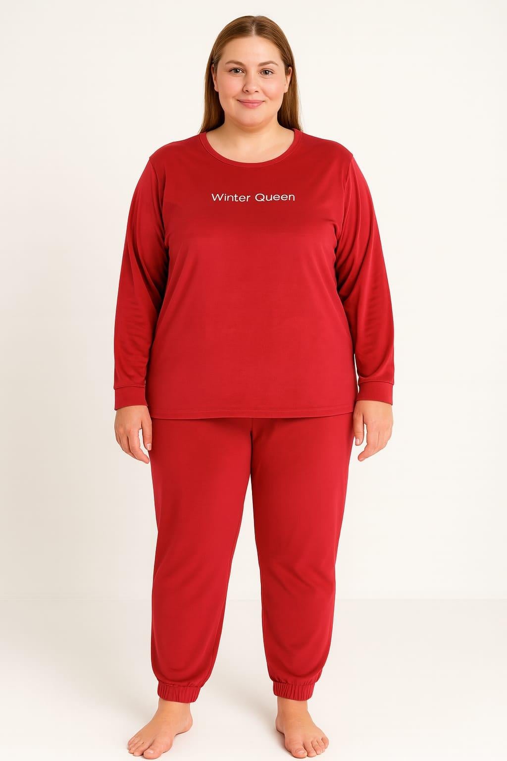 Kadın 13214-2656 Büyük Beden Kadife Pijama Takımı KIRMIZI